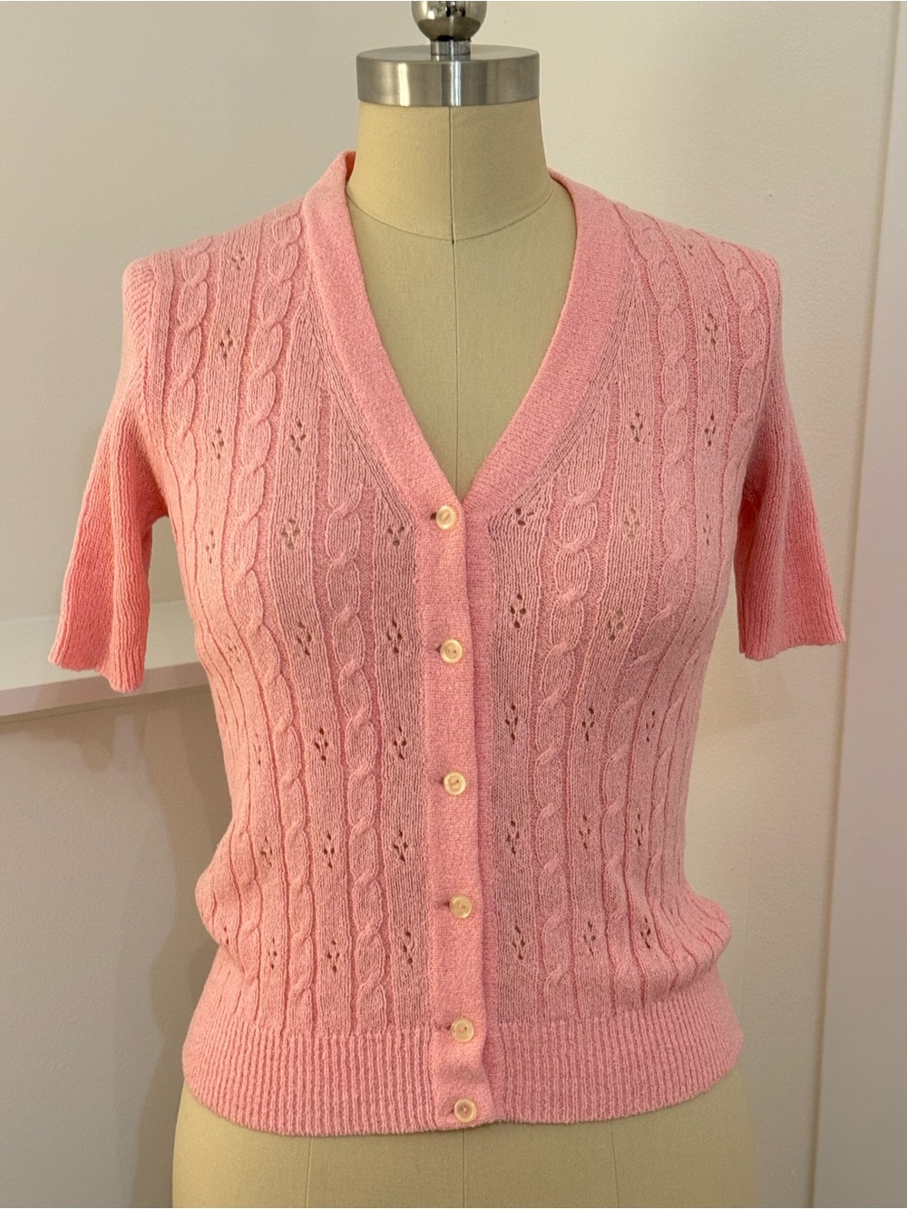 Vintage Italian Pink Short-Sleeve Cable Knit Cardigan Sweater